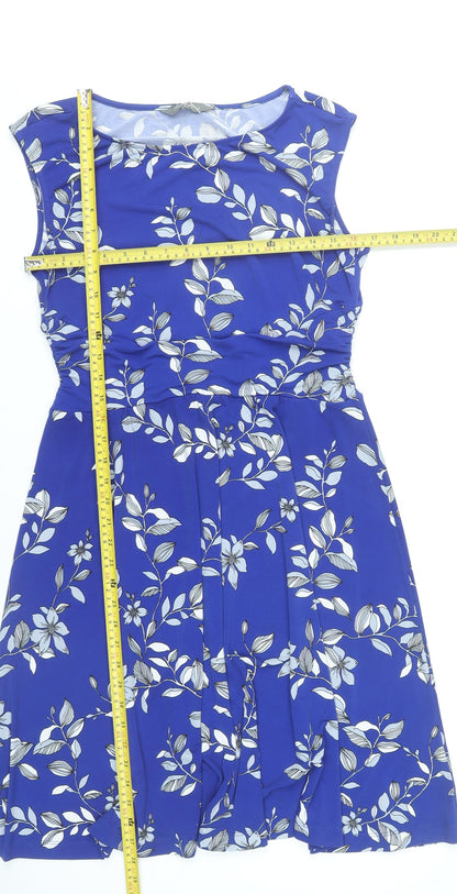 Jacqui E Women’s Blue Floral Sleeveless A-Line Knee Length Dress S