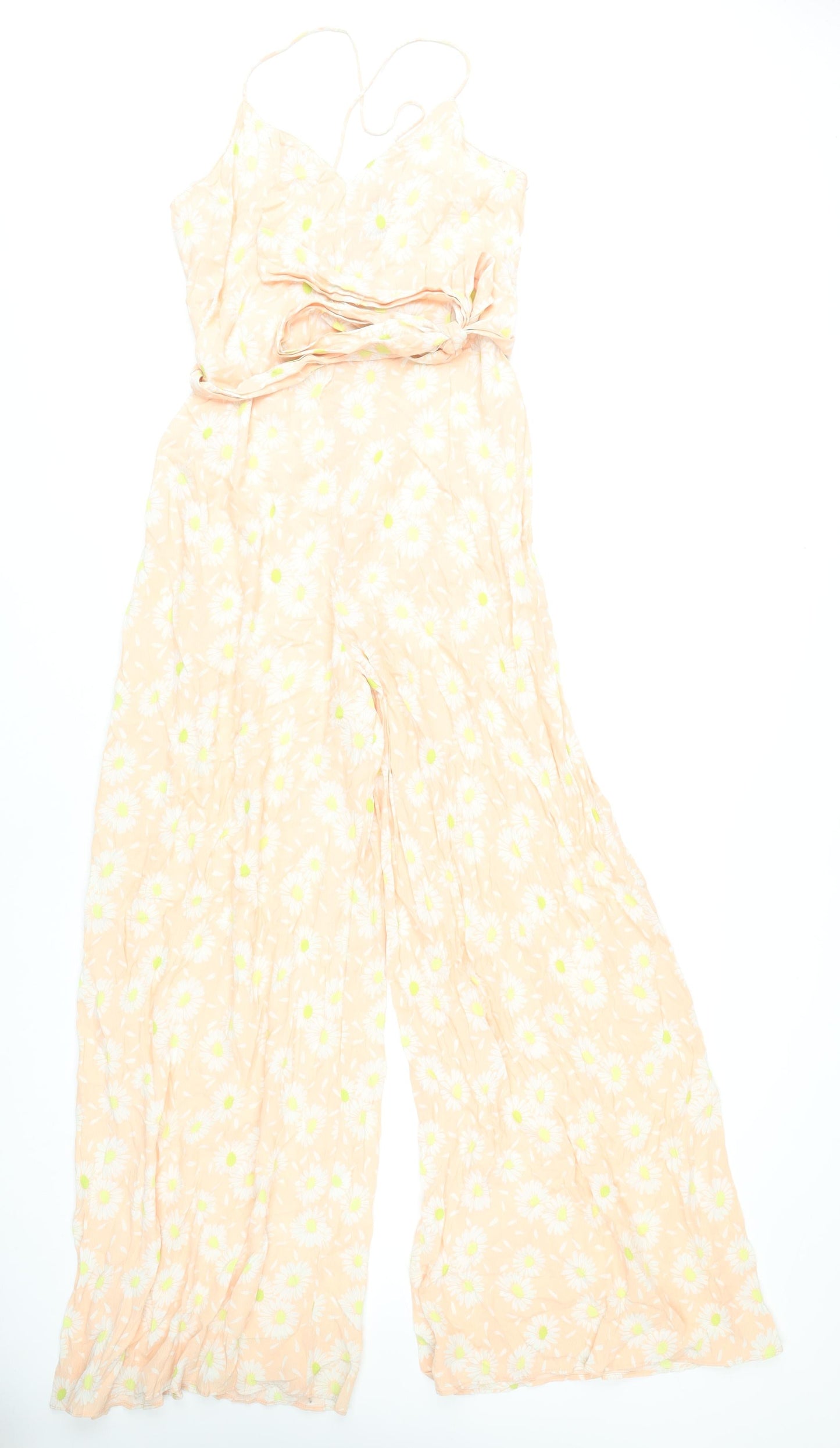 Zara Women Peach Floral Wide-Leg V-Neck Jumpsuit Size S
