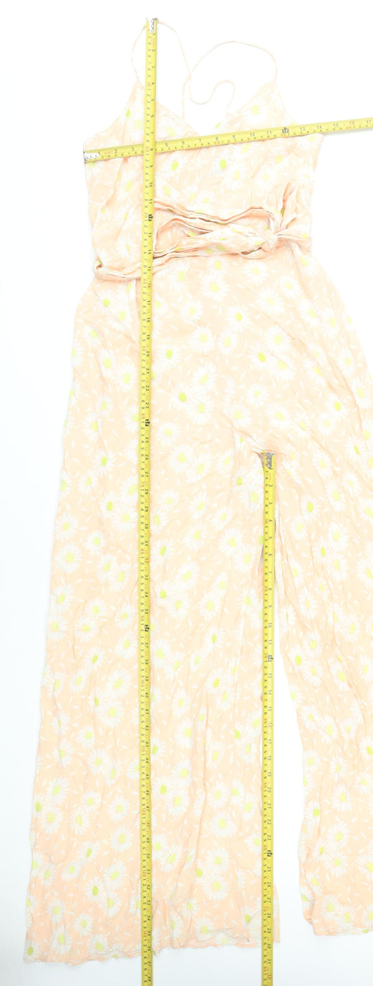 Zara Women Peach Floral Wide-Leg V-Neck Jumpsuit Size S