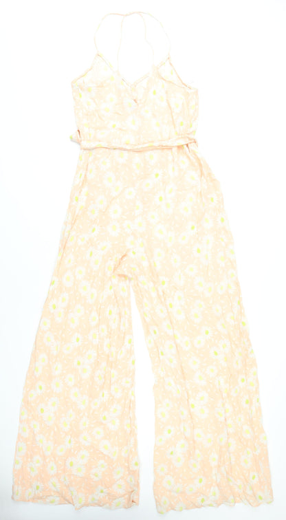 Zara Women Peach Floral Wide-Leg V-Neck Jumpsuit Size S