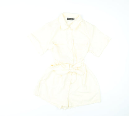 PrettyLittleThing Women’s Ivory Playsuit UK 10 Button Front Belted Short Sleeve