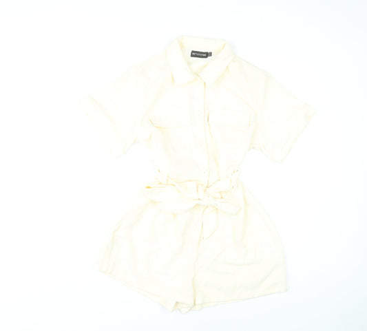 PrettyLittleThing Women’s Ivory Playsuit UK 10 Button Front Belted Short Sleeve