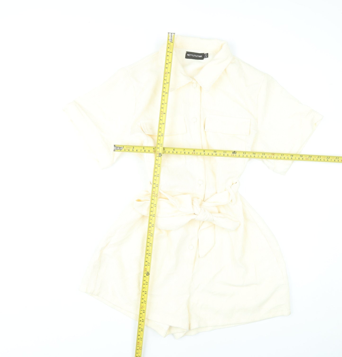 PrettyLittleThing Women’s Ivory Playsuit UK 10 Button Front Belted Short Sleeve
