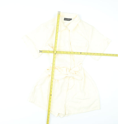 PrettyLittleThing Women’s Ivory Playsuit UK 10 Button Front Belted Short Sleeve