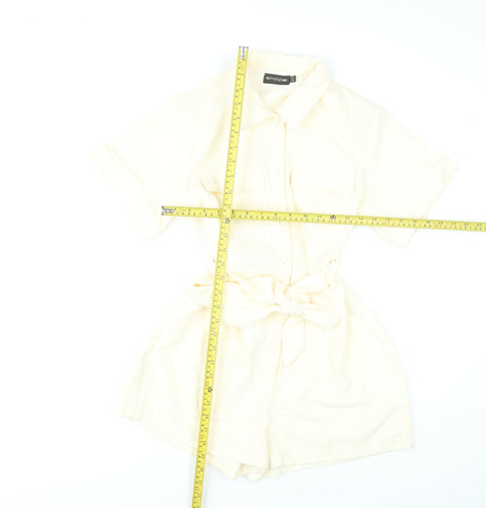 PrettyLittleThing Women’s Ivory Playsuit UK 10 Button Front Belted Short Sleeve
