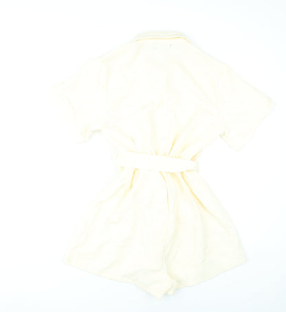 PrettyLittleThing Women’s Ivory Playsuit UK 10 Button Front Belted Short Sleeve