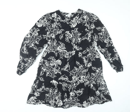 Marks and Spencer Womens Black Floral Shift Dress Size 6 Long Sleeve