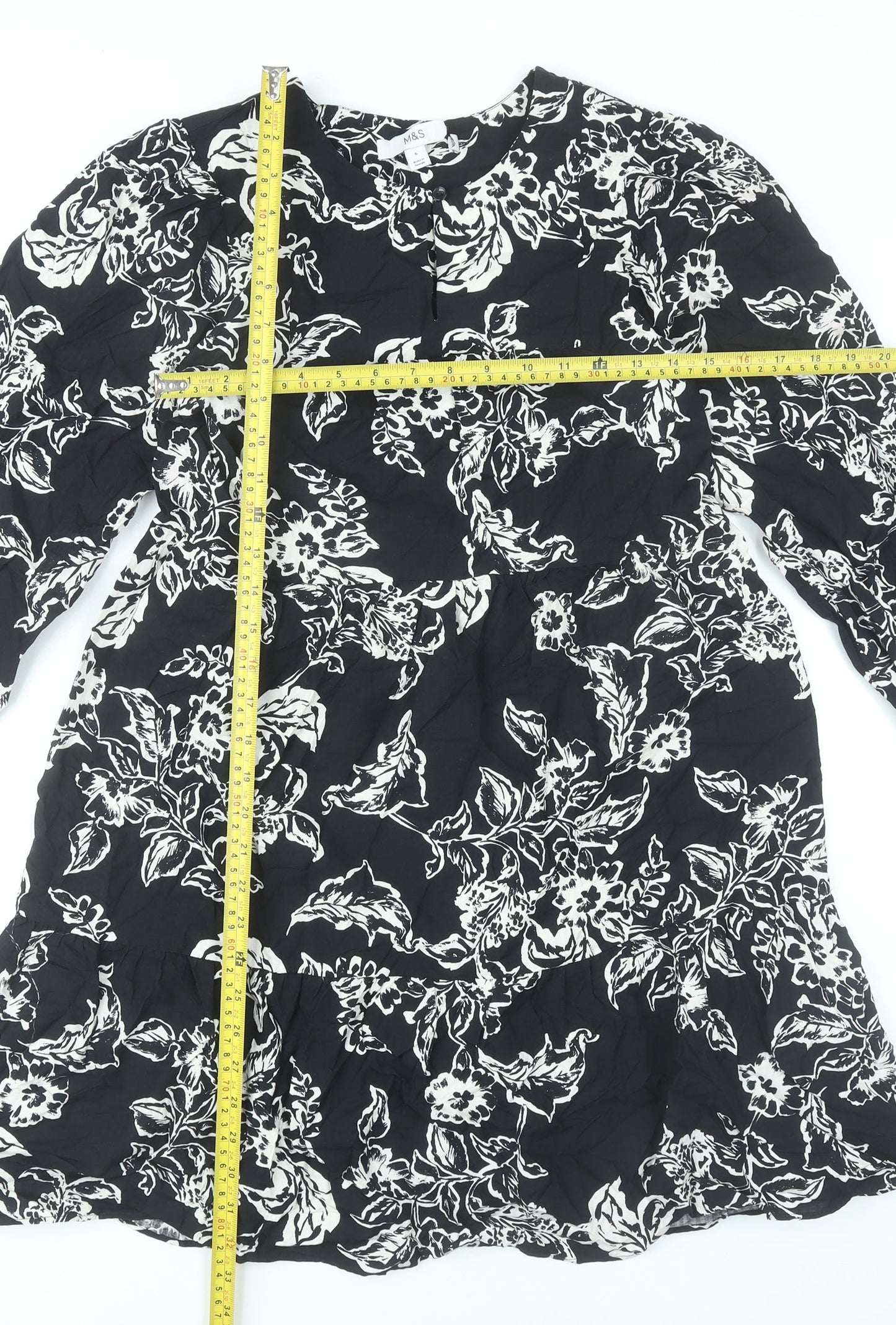 Marks and Spencer Womens Black Floral Shift Dress Size 6 Long Sleeve