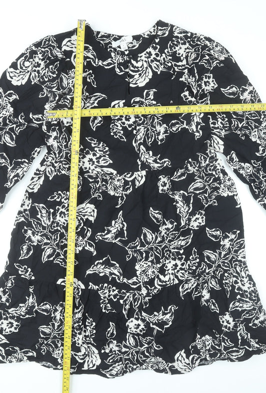 Marks and Spencer Womens Black Floral Shift Dress Size 6 Long Sleeve