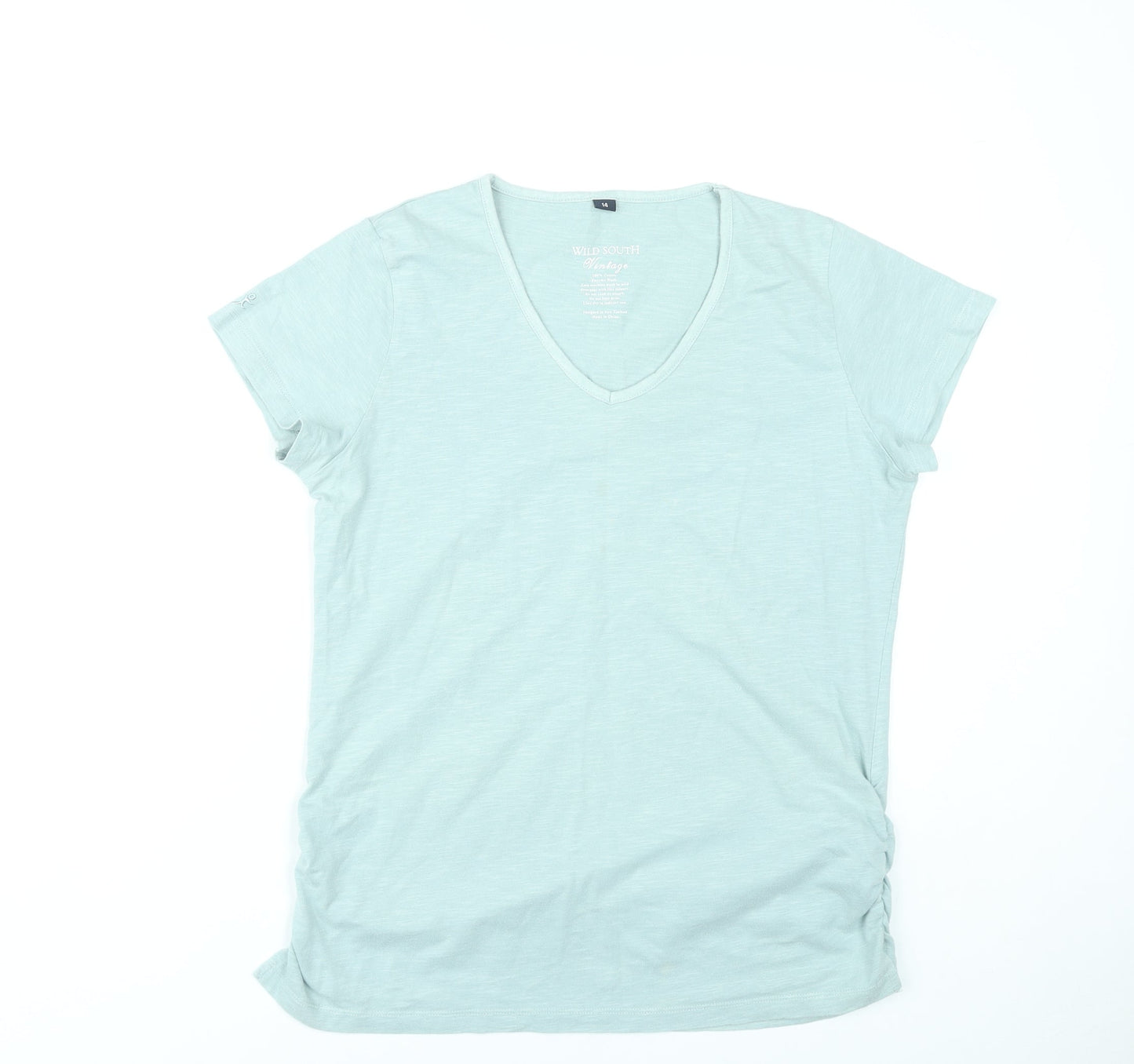 Wild South Women Green Size 14 V-Neck Cotton T-Shirt Casual