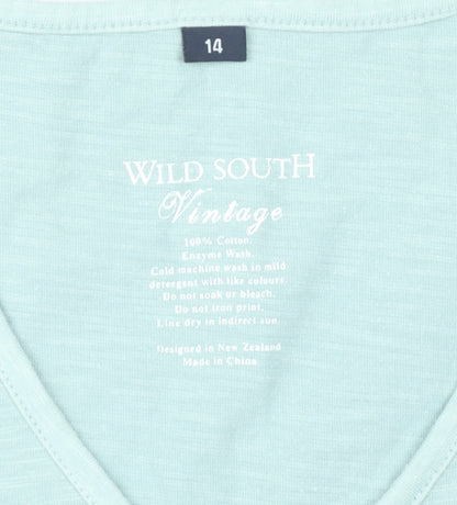 Wild South Women Green Size 14 V-Neck Cotton T-Shirt Casual