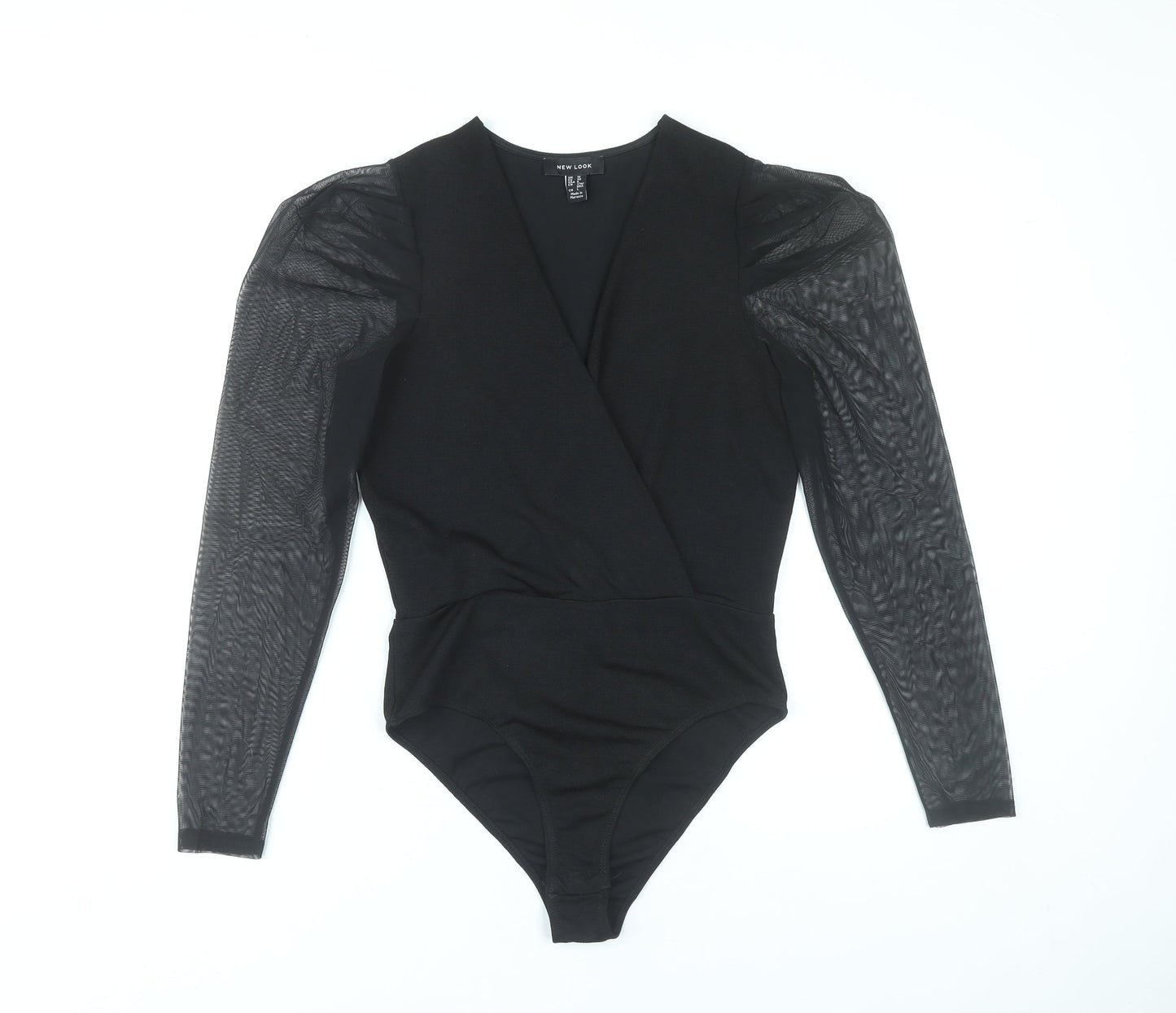 New Look Women’s Black Bodysuit UK 10 Puff Sleeve Sheer Mesh V-Neck