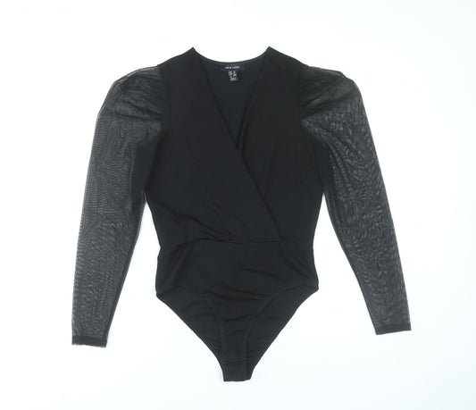New Look Women’s Black Bodysuit UK 10 Puff Sleeve Sheer Mesh V-Neck