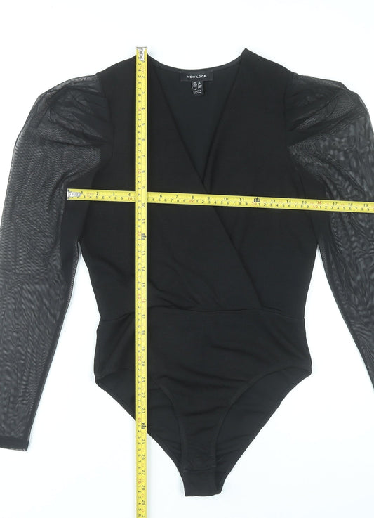 New Look Women’s Black Bodysuit UK 10 Puff Sleeve Sheer Mesh V-Neck