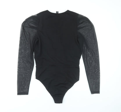 New Look Women’s Black Bodysuit UK 10 Puff Sleeve Sheer Mesh V-Neck