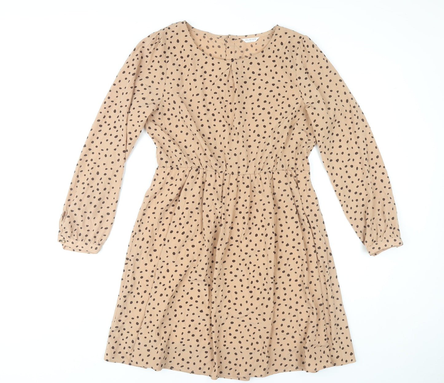 Glacier Women Beige Polka Dot A-Line Dress Size L Long Sleeve