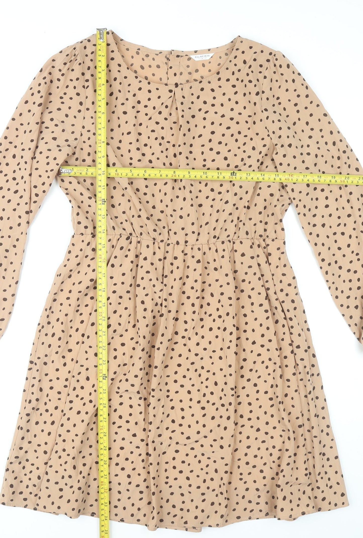 Glacier Women Beige Polka Dot A-Line Dress Size L Long Sleeve