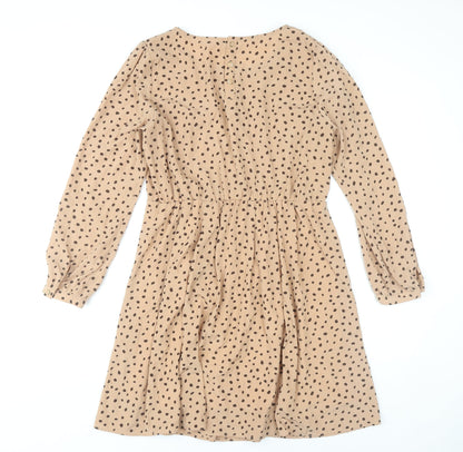Glacier Women Beige Polka Dot A-Line Dress Size L Long Sleeve