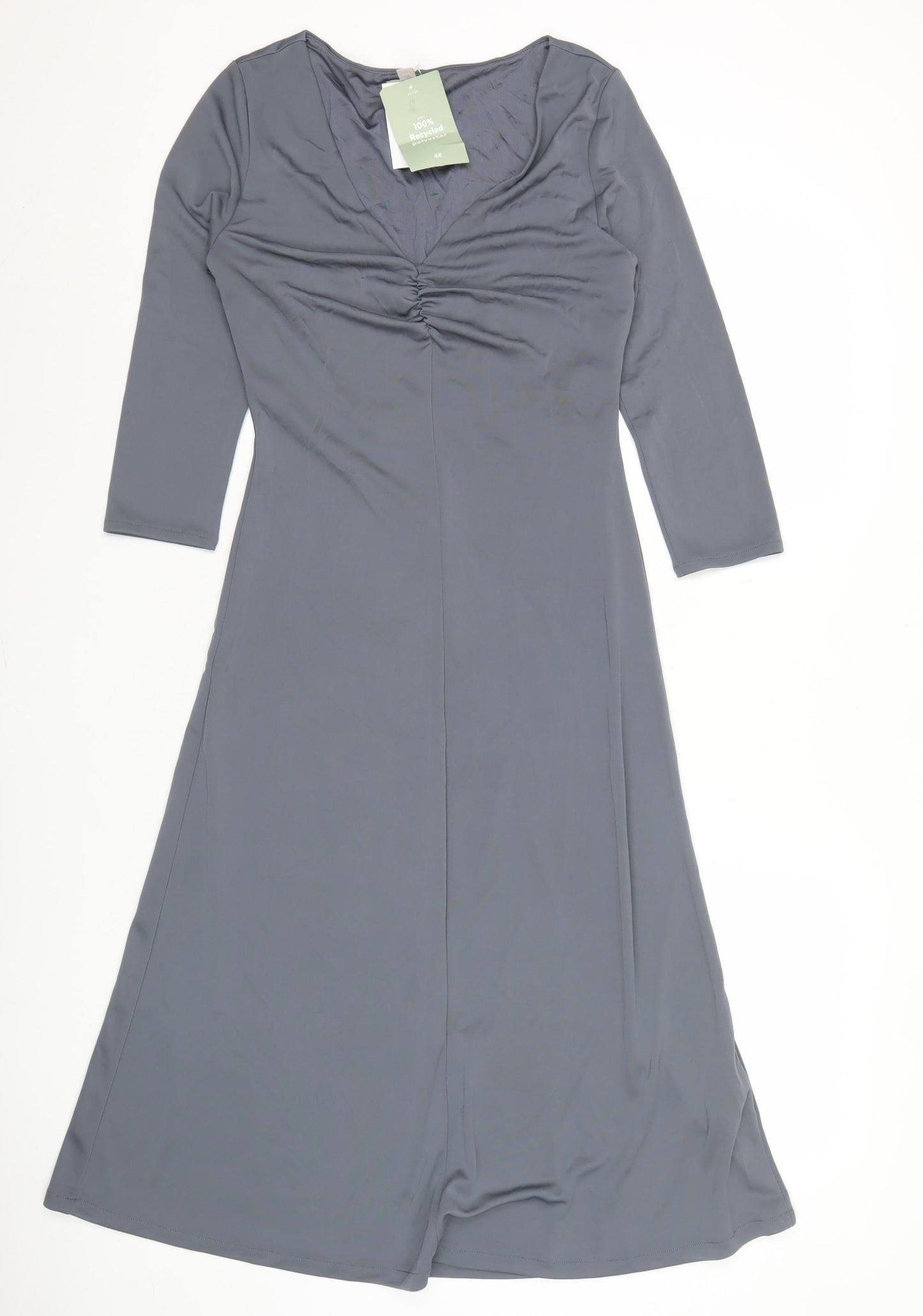 H&M Women’s Grey Midi A-Line Dress Size 8 V-Neck Long Sleeve