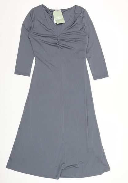 H&M Women’s Grey Midi A-Line Dress Size 8 V-Neck Long Sleeve