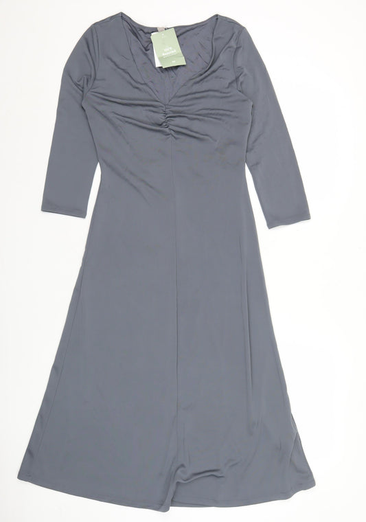 H&M Women’s Grey Midi A-Line Dress Size 8 V-Neck Long Sleeve