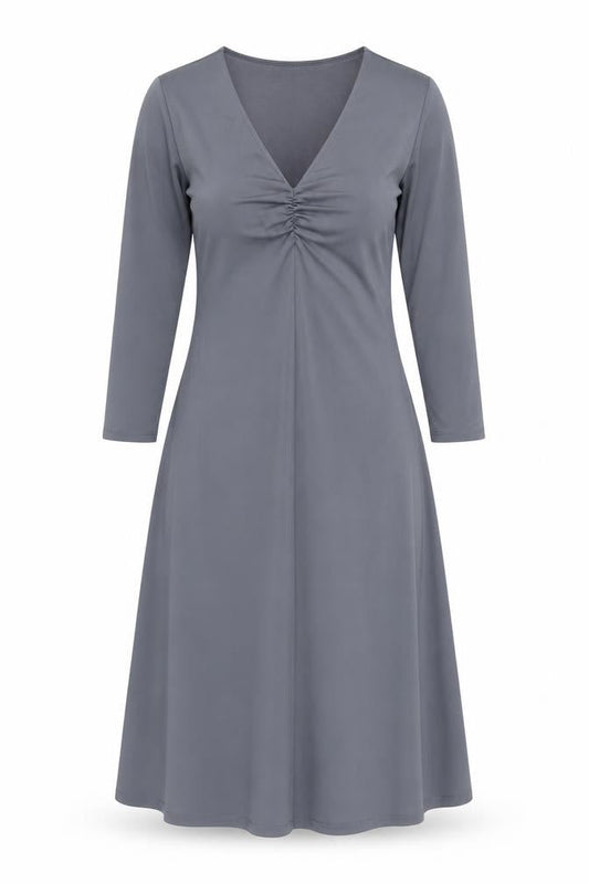 H&M Women’s Grey Midi A-Line Dress Size 8 V-Neck Long Sleeve