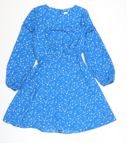 Gap Women's Blue Floral A-Line Mini Dress Size 4 Puff Sleeve Ruched
