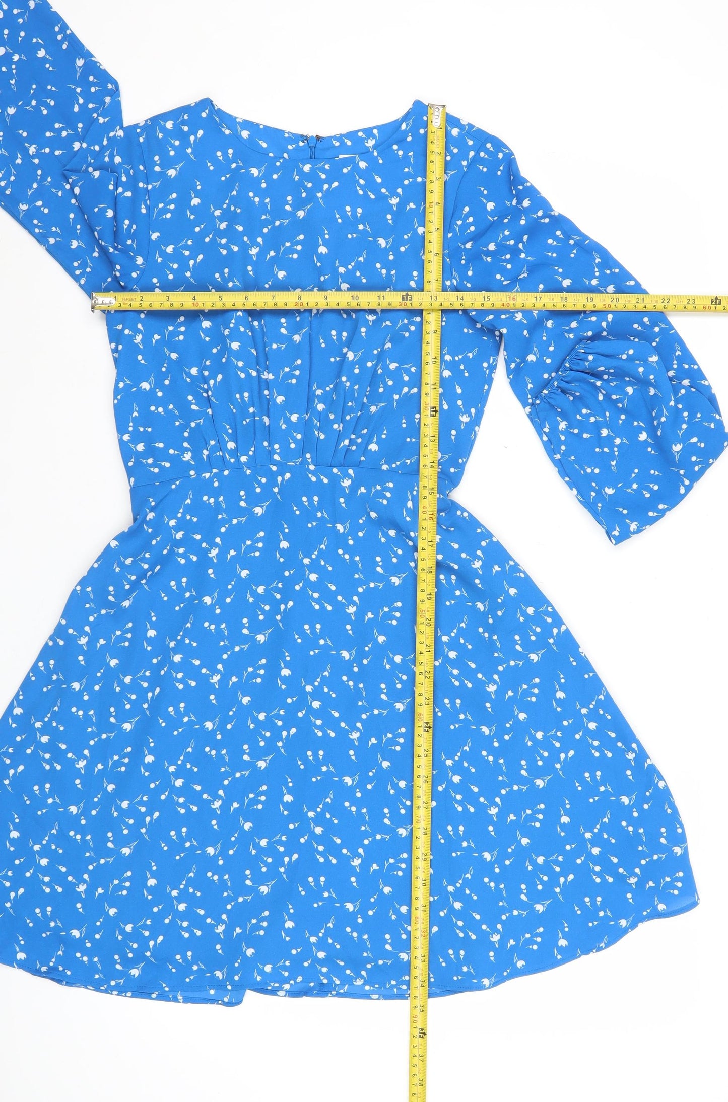 Gap Women's Blue Floral A-Line Mini Dress Size 4 Puff Sleeve Ruched