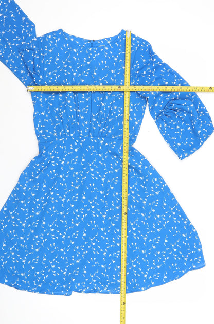 Gap Women's Blue Floral A-Line Mini Dress Size 4 Puff Sleeve Ruched