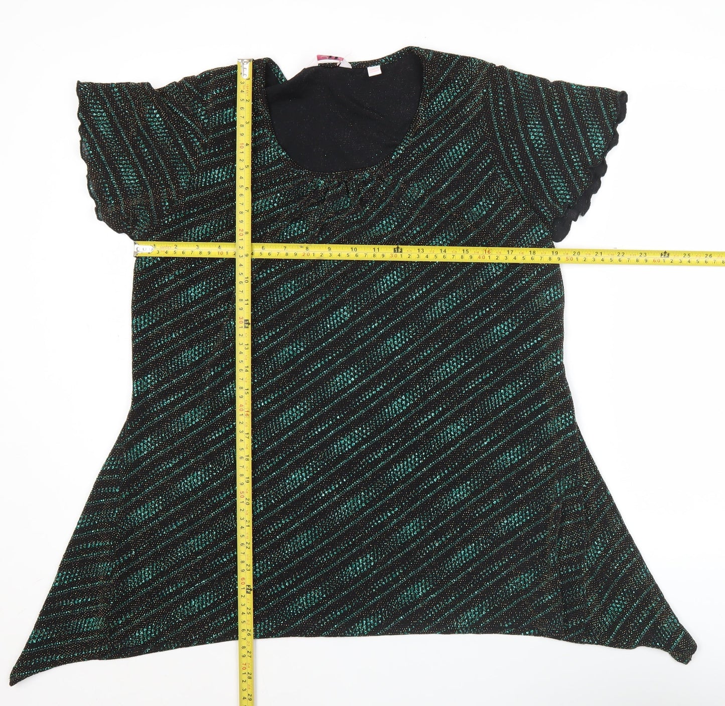 Julipa Women’s Black Green Glitter Tunic Top Size 14 Short Sleeve