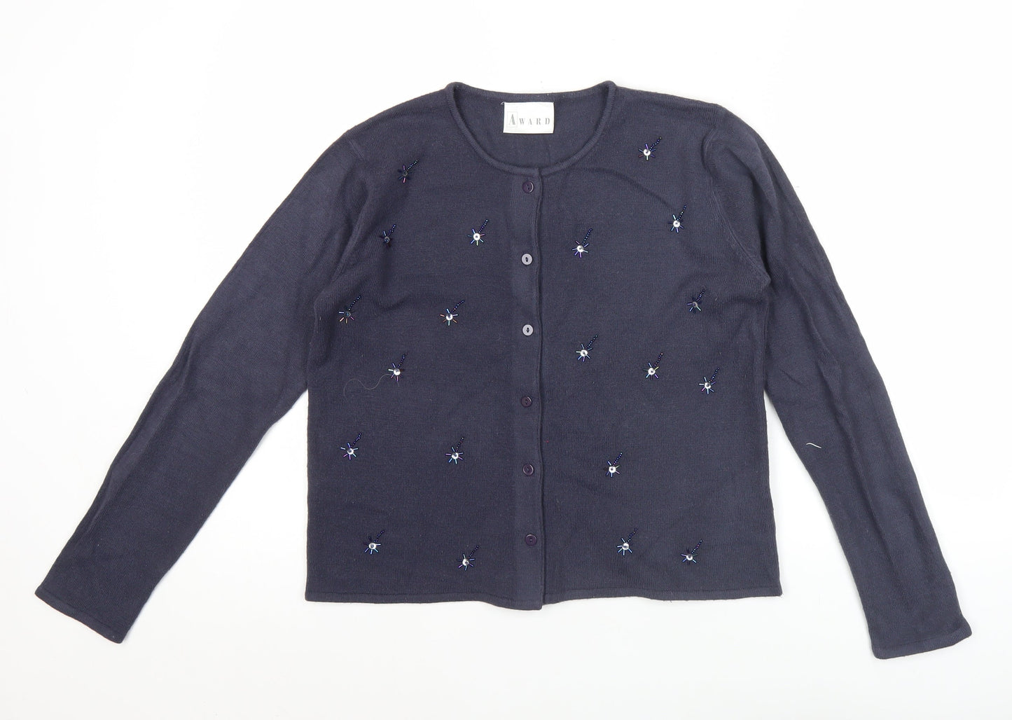 Award Womens Blue Beaded Cardigan M Long Sleeve Knitwear
