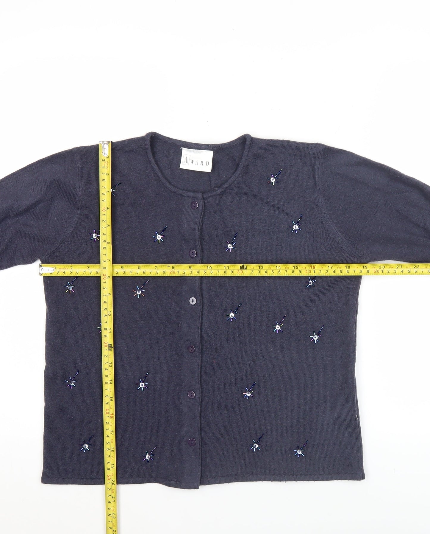 Award Womens Blue Beaded Cardigan M Long Sleeve Knitwear