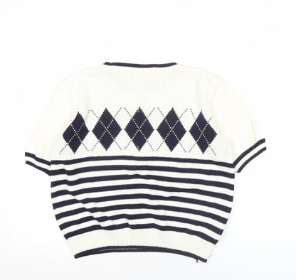 Marks and Spencer Women White Jumper Size 10 Argyle Striped Short Sleeve