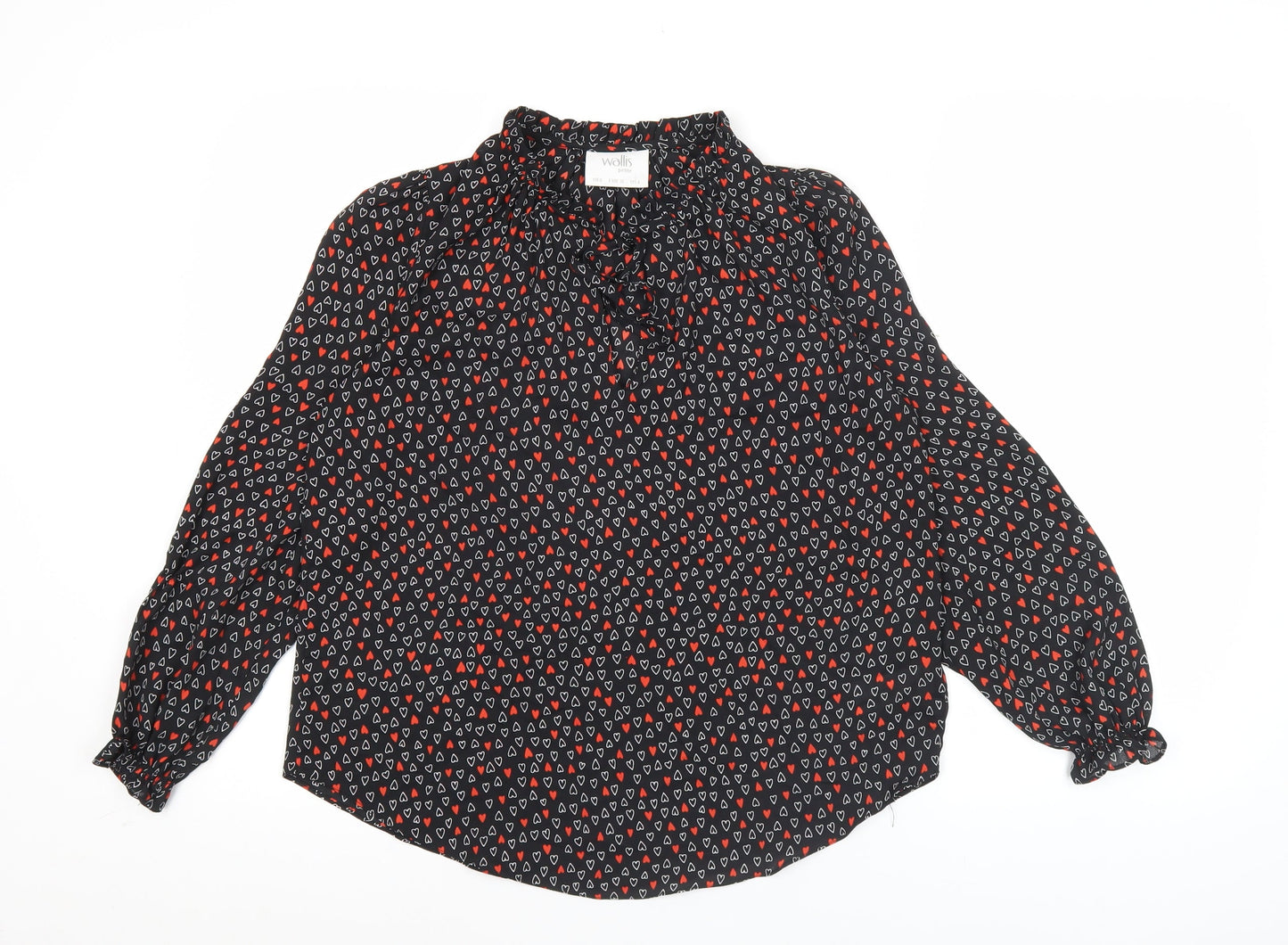 Wallis Women’s Black Heart Print Petite Blouse UK 8 High Neck Long Sleeve