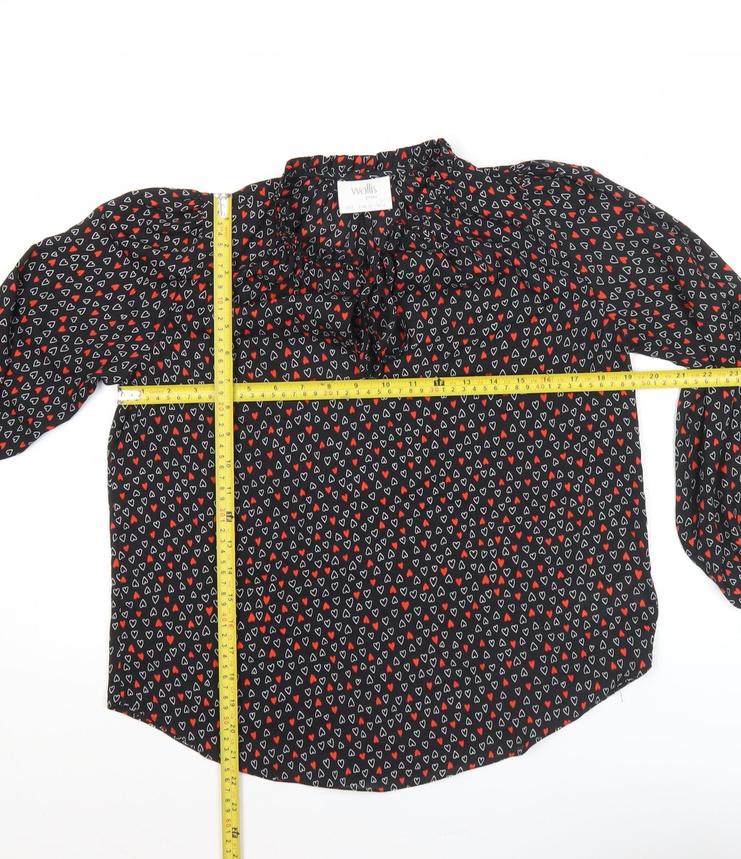 Wallis Women’s Black Heart Print Petite Blouse UK 8 High Neck Long Sleeve