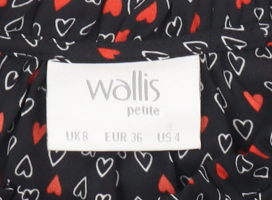 Wallis Women’s Black Heart Print Petite Blouse UK 8 High Neck Long Sleeve