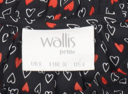 Wallis Women’s Black Heart Print Petite Blouse UK 8 High Neck Long Sleeve