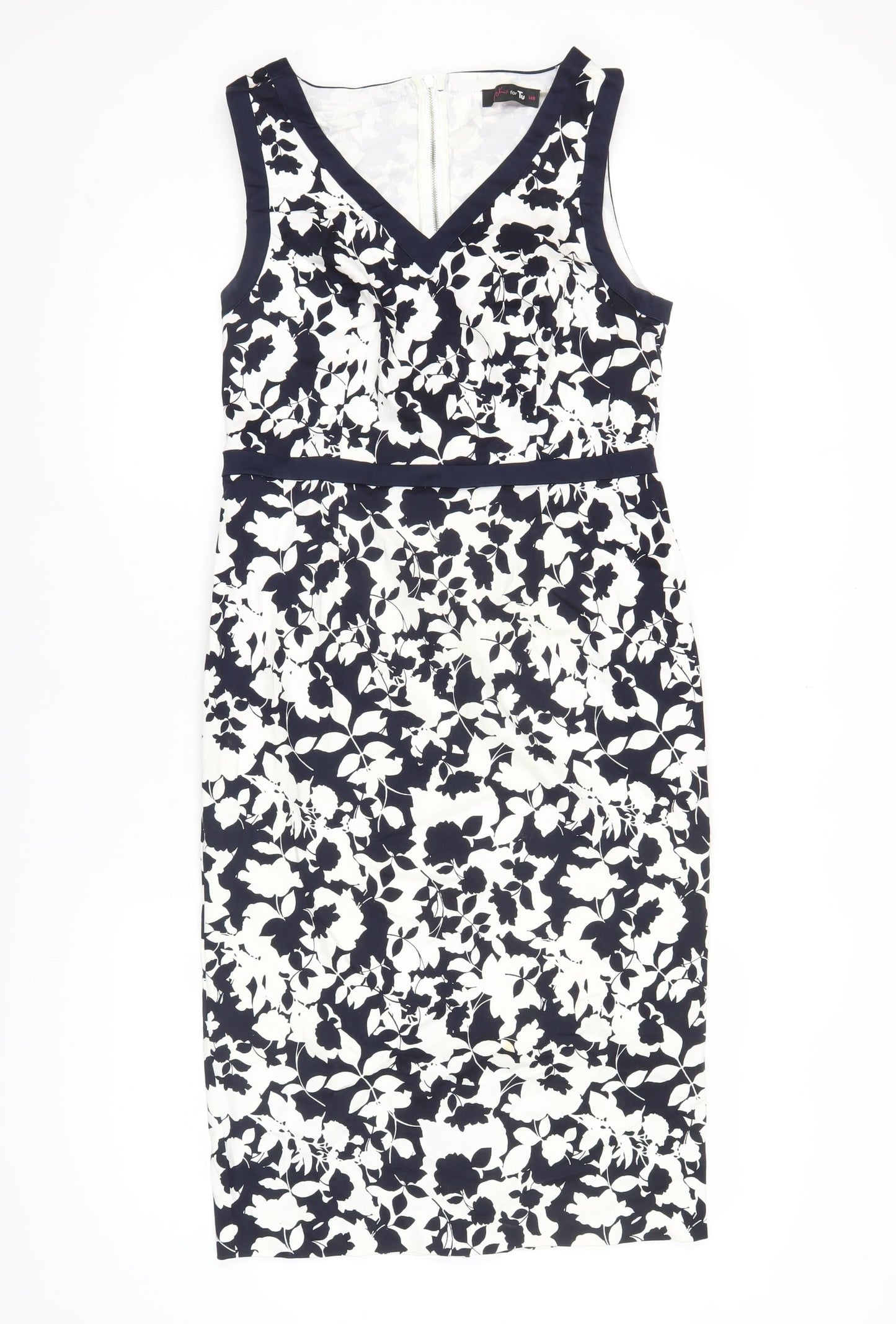 Tu Women’s Blue White Floral Sheath Dress Size 14 V-Neck Sleeveless