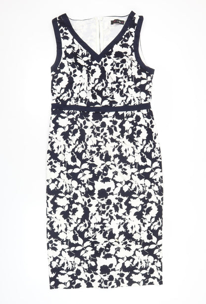 Tu Women’s Blue White Floral Sheath Dress Size 14 V-Neck Sleeveless