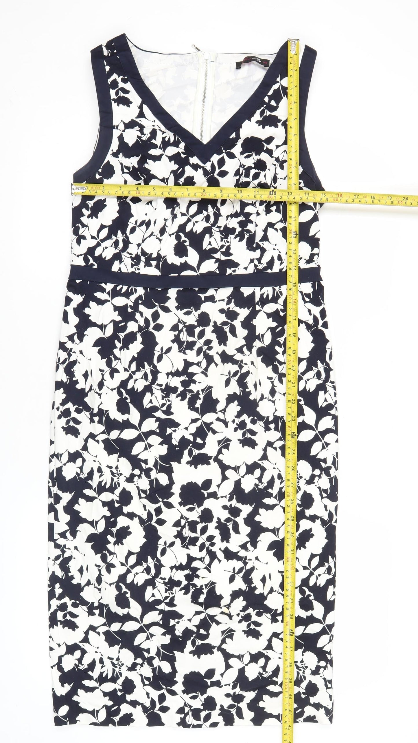 Tu Women’s Blue White Floral Sheath Dress Size 14 V-Neck Sleeveless