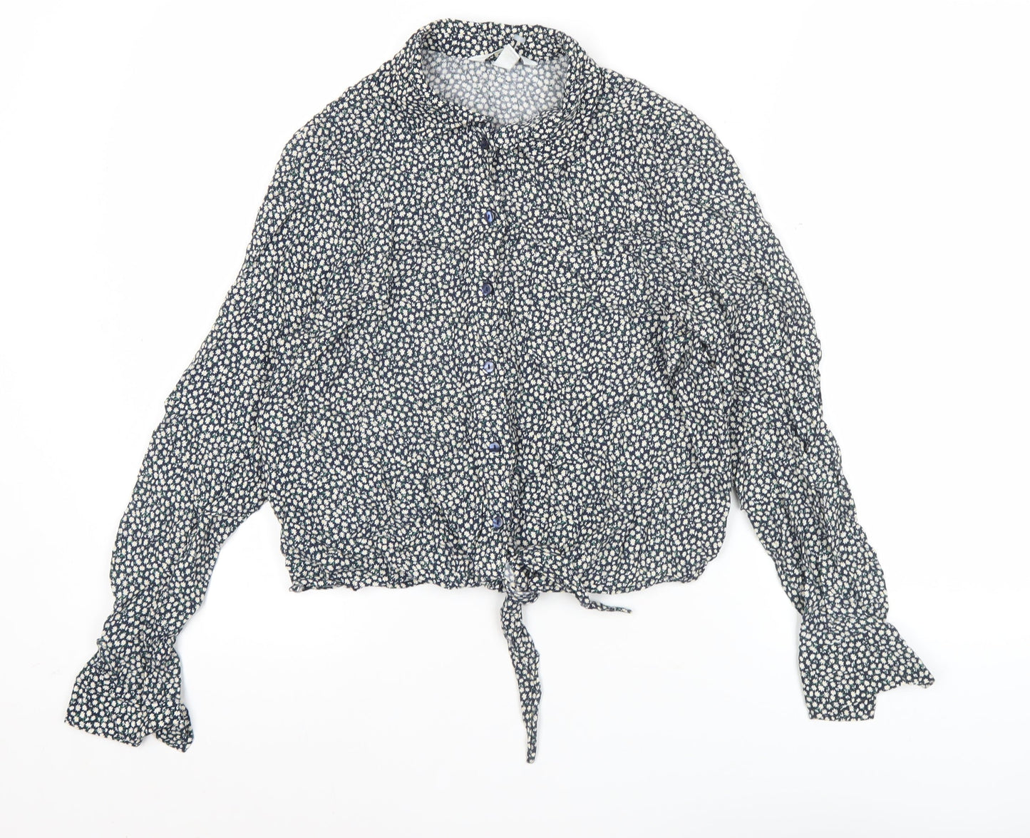 H&M Women’s Blue Floral Cropped Blouse UK 6 Long Sleeve Tie Front