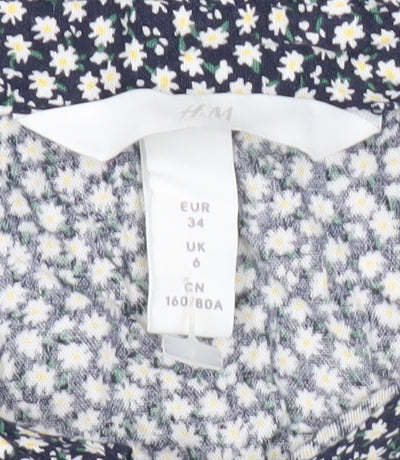 H&M Women’s Blue Floral Cropped Blouse UK 6 Long Sleeve Tie Front