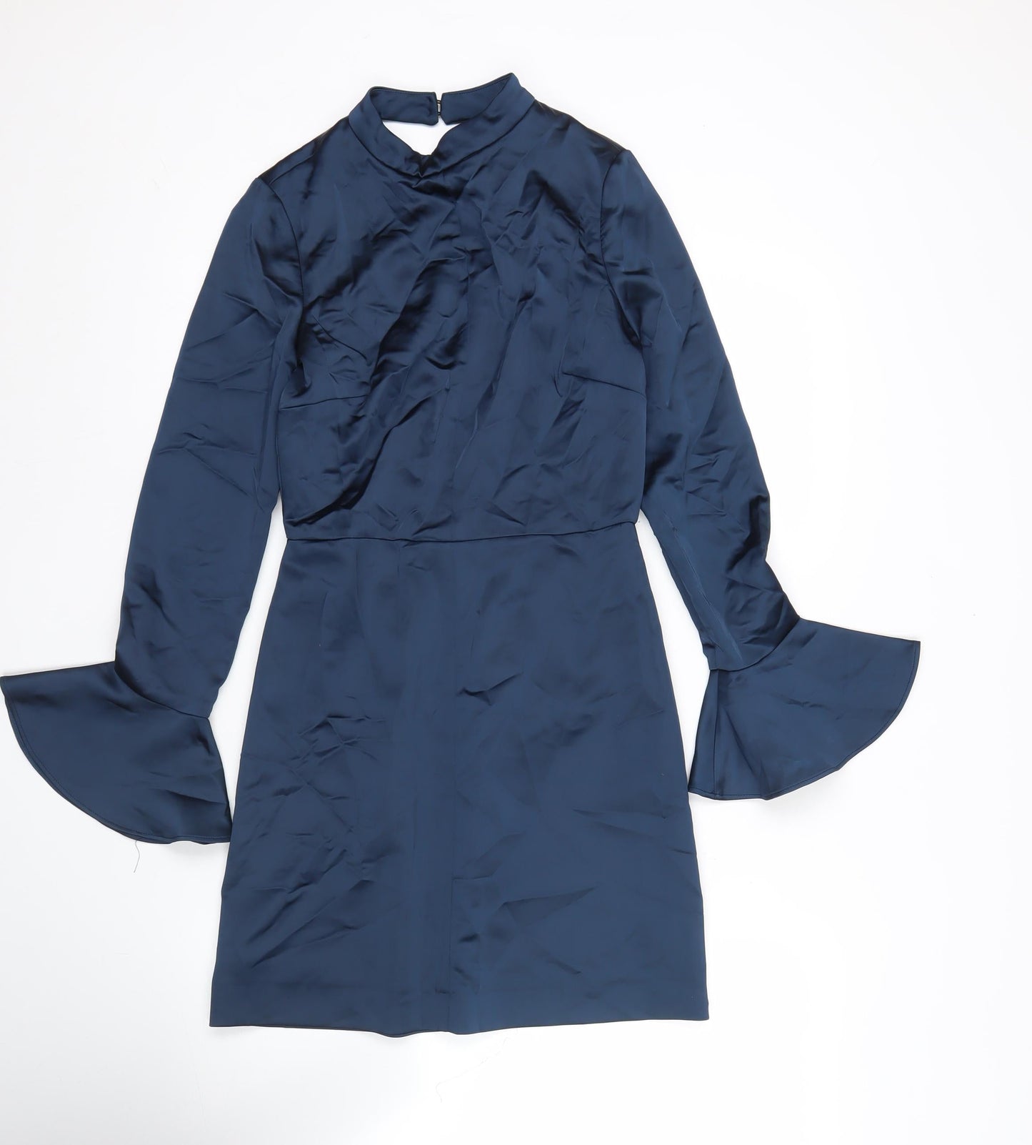Zara Women’s Blue Satin Sheath Dress XS Long Sleeve High Neck