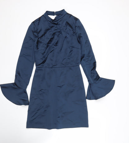 Zara Women’s Blue Satin Sheath Dress XS Long Sleeve High Neck