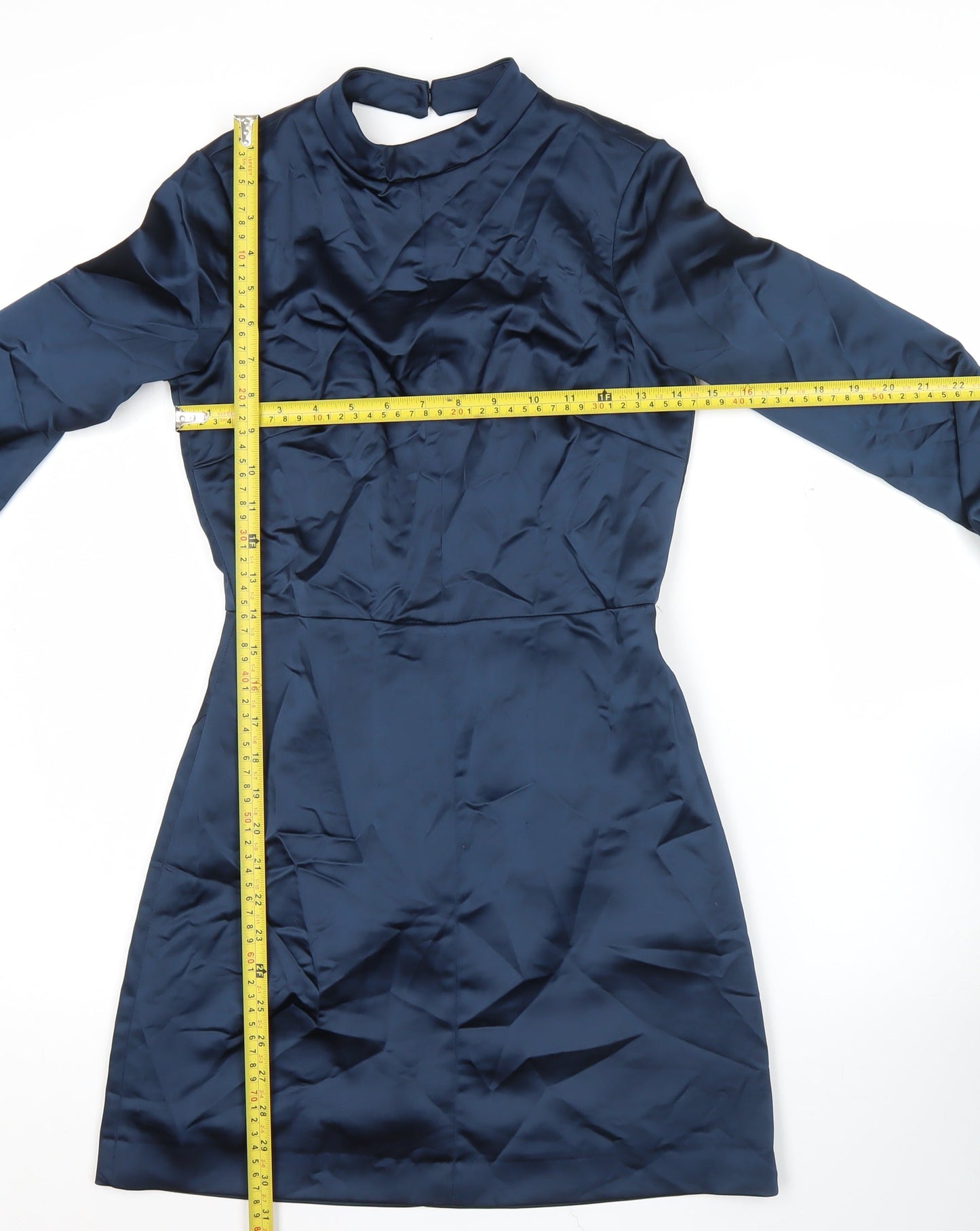 Zara Women’s Blue Satin Sheath Dress XS Long Sleeve High Neck