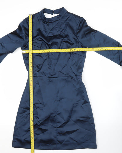 Zara Women’s Blue Satin Sheath Dress XS Long Sleeve High Neck