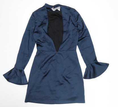 Zara Women’s Blue Satin Sheath Dress XS Long Sleeve High Neck