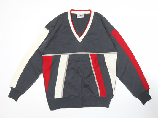 Gabicci Mens Grey Red White Geometric V-Neck Jumper Size M