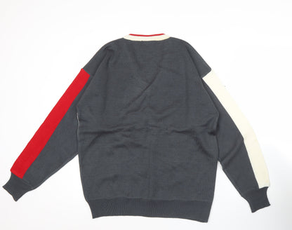 Gabicci Mens Grey Red White Geometric V-Neck Jumper Size M