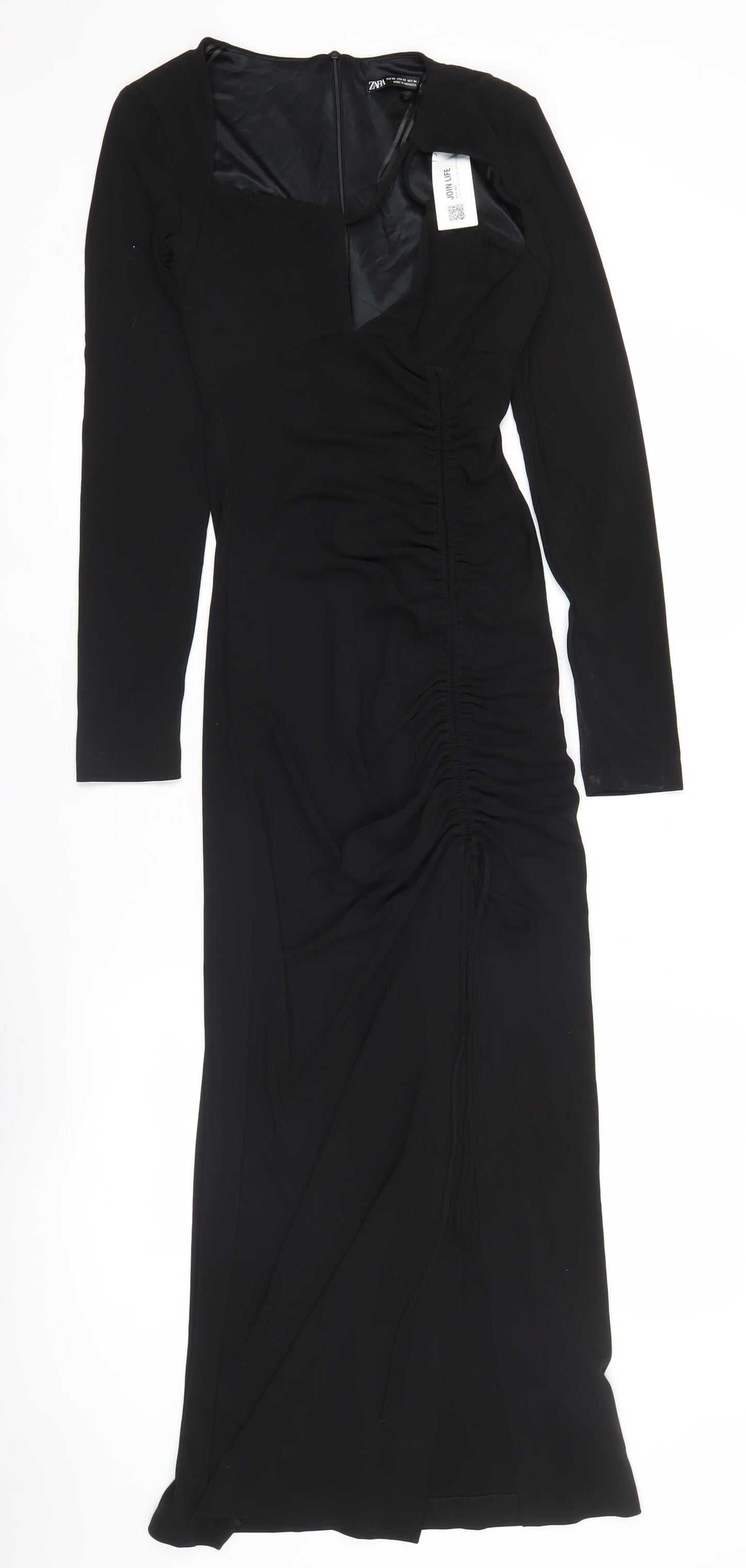 Zara Women Black XS Midi Bodycon Dress Long Sleeve Ruched